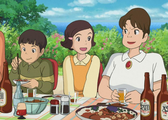 Japanese curry and beer on a checked picnic table in Miyazaki's From Up On Poppy Hill.